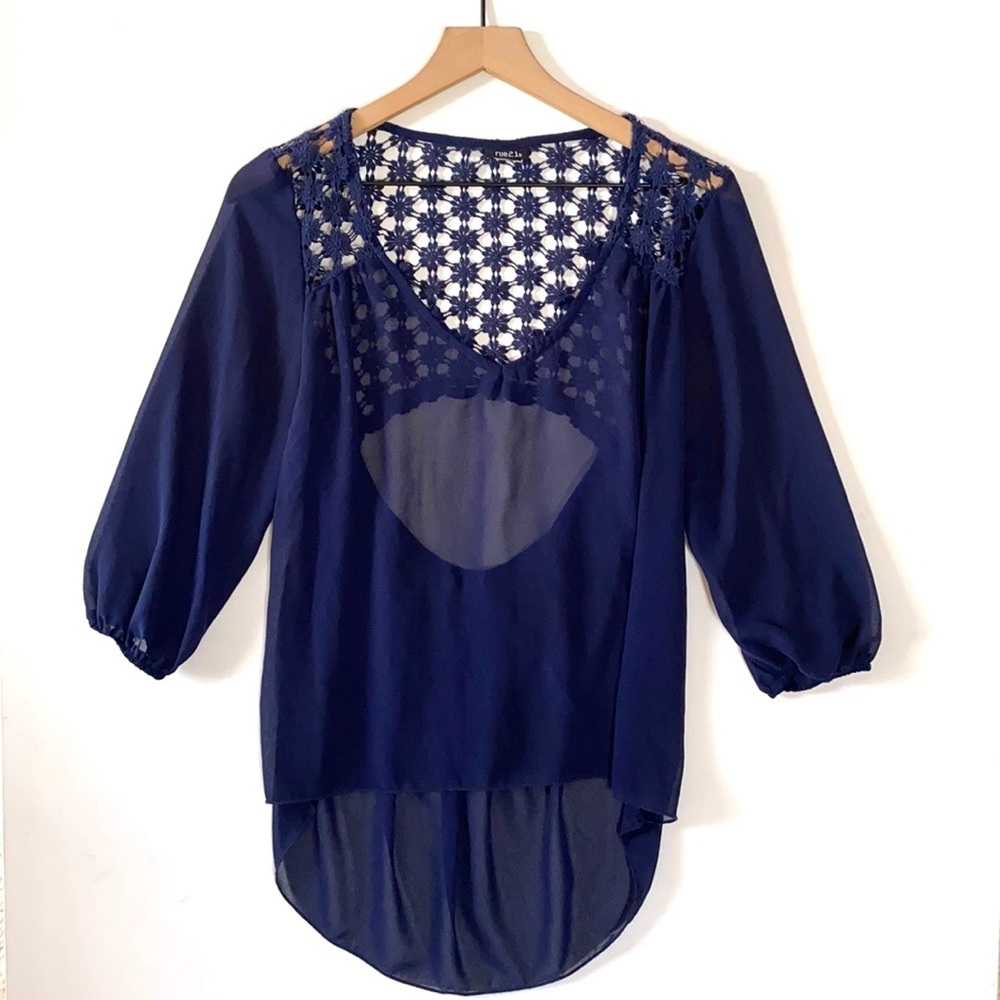 Rue21 blue chiffon hi-low 3/4 sleeved top, Size S